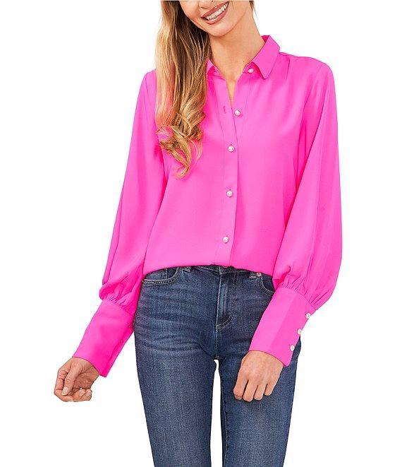CeCe Heavy Georgette Point Collar Long Sleeve Pearl Button Front Shirt Product Image