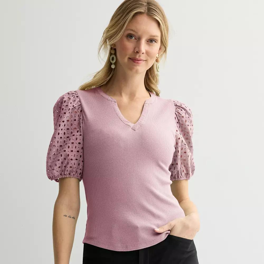 Women's Nine West Mixed Media Puff Sleeve Y-Neck Top, Size: Large, Hanover Blue Product Image