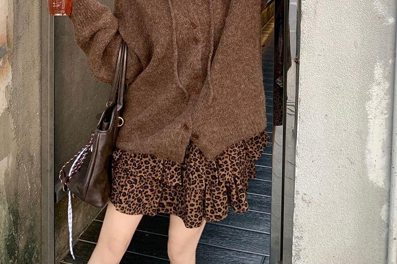 Plain Drawstring Hooded Cardigan / Leopard Print Tiered Mini A-Line Skirt Product Image