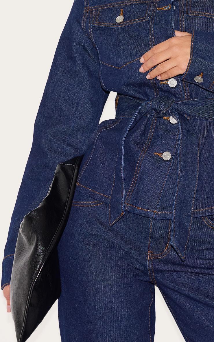  Indigo Contrast Stitch Longline Belted Denim Jacket Product Image