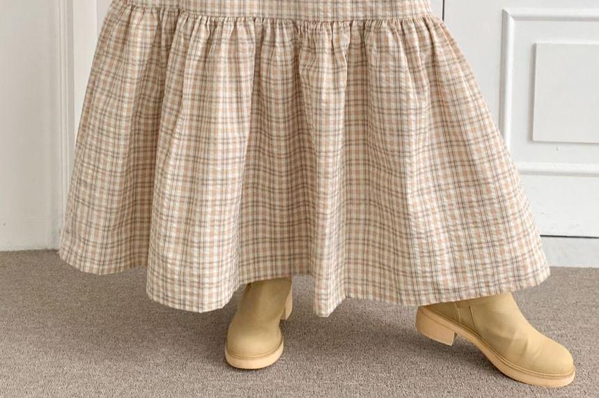 Elastic Waist Plaid A-Line Maxi Skirt Product Image