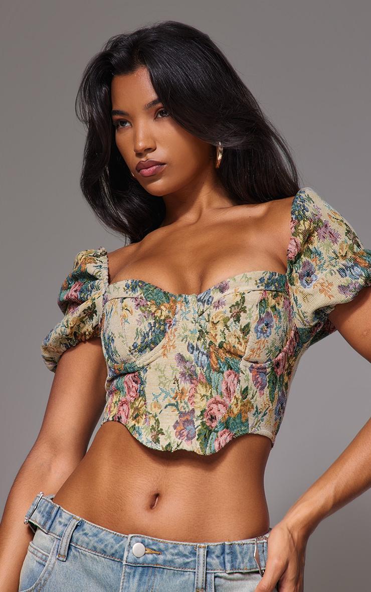 Multi Jacquard Floral Puff Sleeve Crop Top Product Image