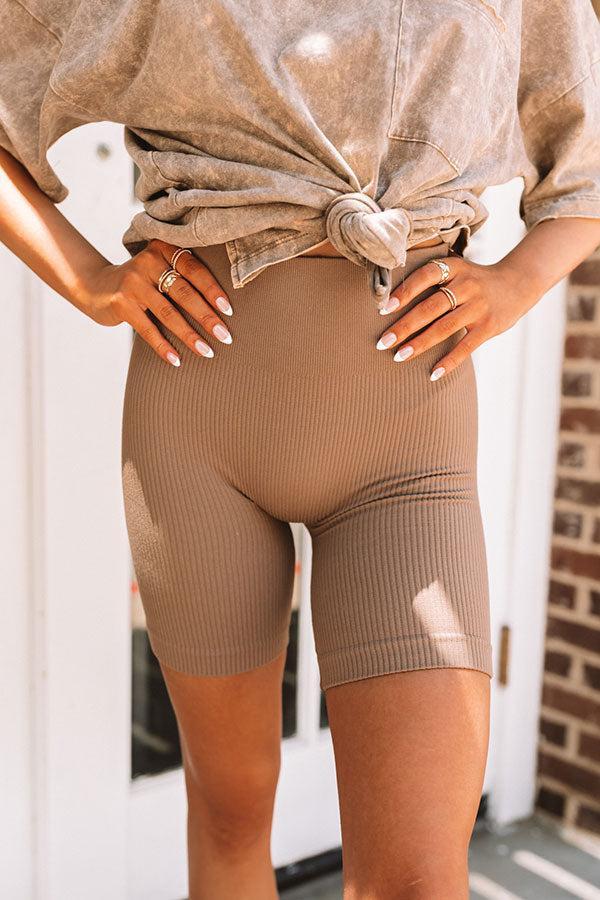 Up At Dawn High Waist Ribbed Biker Shorts In Mocha Product Image