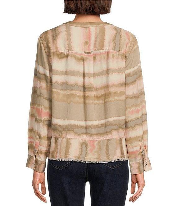 Westbound Woven Diffused Stripe Long Roll-Tab Sleeve Henley Patch Pocket Top Product Image