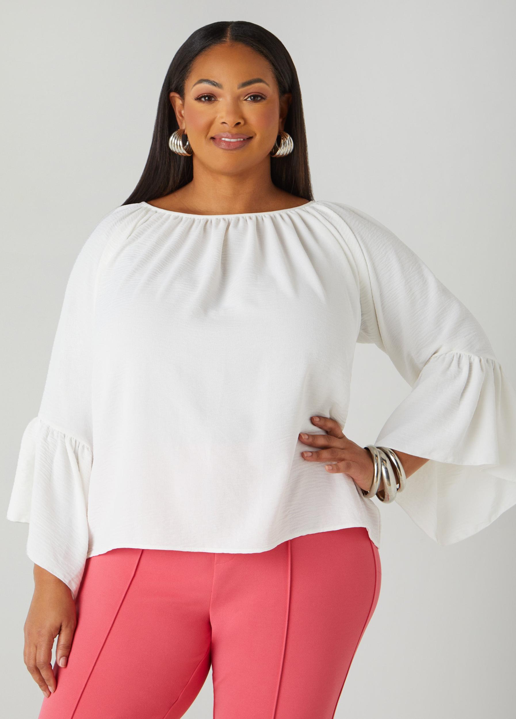 Plus Size Textured Bell Sleeved Blouse Ashley Stewart Product Image