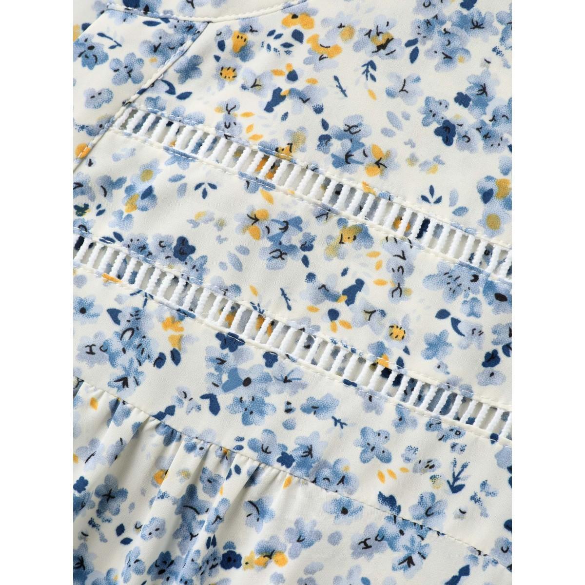 Plus Size Multicolor Floral Print Lace Trim Flowy Blouse Women Elbow-length sleeve Notched collar Elegant Blouses BloomChic 14-16/1X Product Image