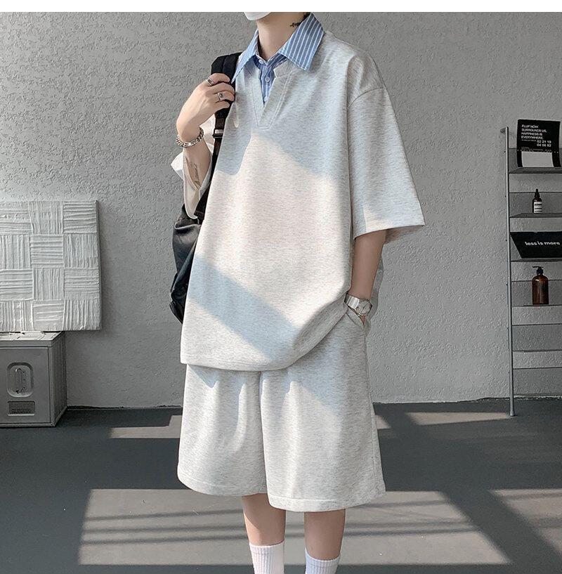 Set: Short Sleeve Collared Striped Mock Two Piece Top + Elastic Waist Plain Sweat Shorts Product Image