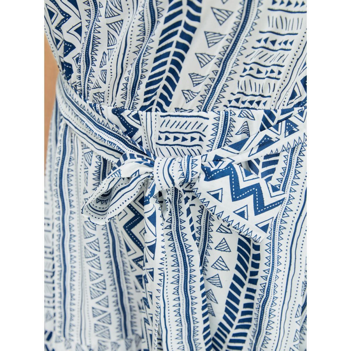 Plus Size Geometric Print Belted Flutter Tiered Pocket Cami Dress Aegean Women Vacation Adjustable Straps Spaghetti Strap Sleeveless Curvy Midi Dress BloomChic 18-20/2X Product Image