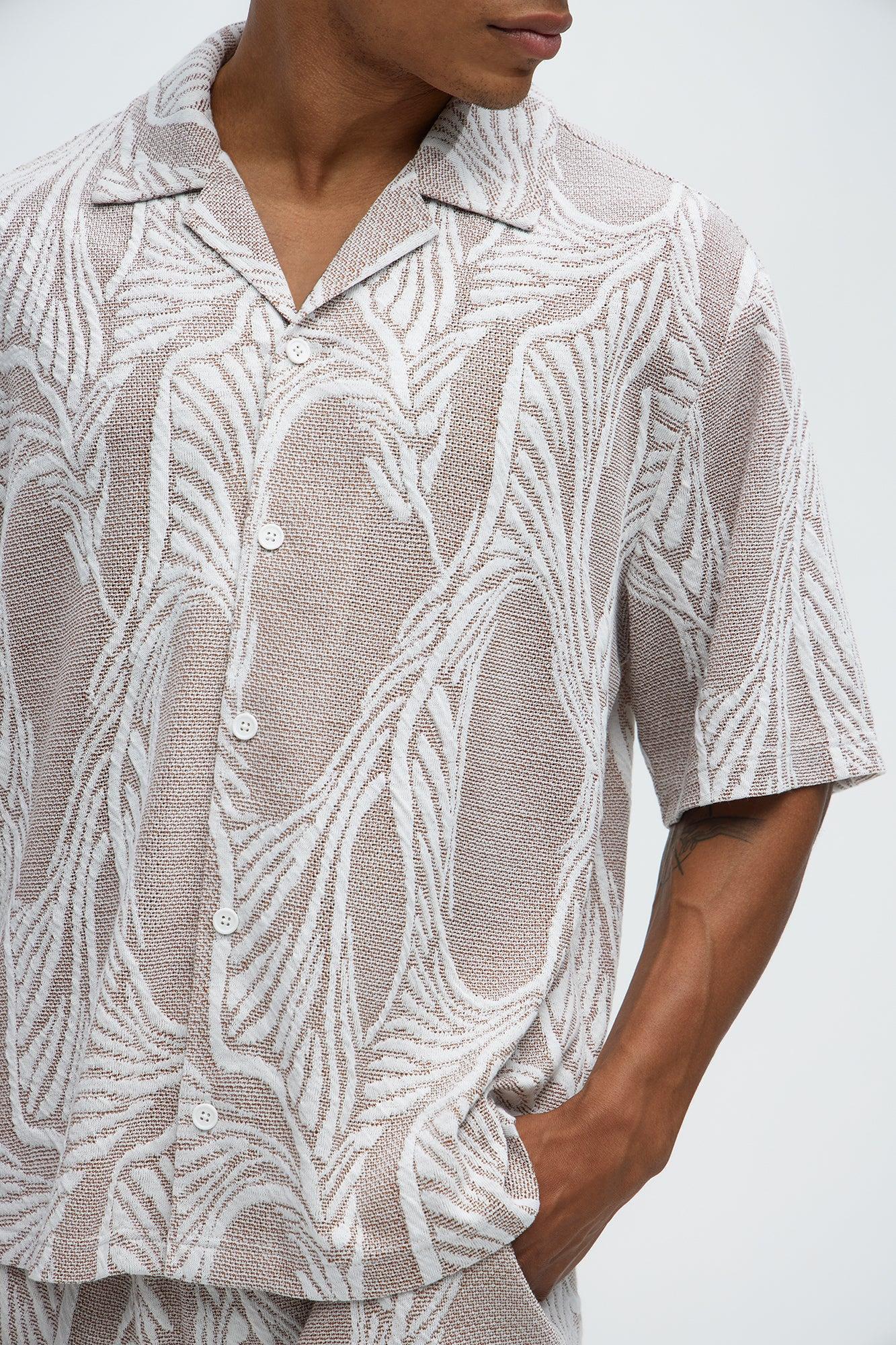 Leaf Patterned Knit Button Up Shirt - Brown Combo Product Image