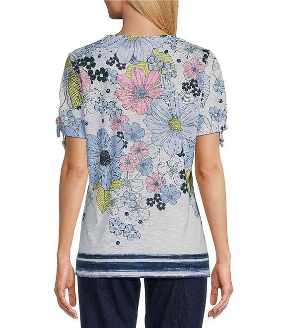 Allison Daley Petite Size Daisy Cascade Border Print Short Ruched Tie Sleeve Crew Neck Knit Top Product Image