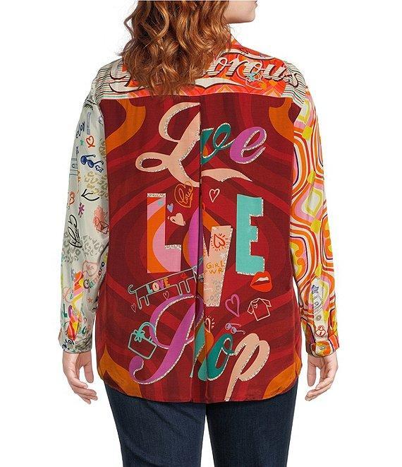 John Mark Plus Size Woven Novelty Mix Print Point Collar Long Roll-Tab Sleeve Button Front Tunic Product Image