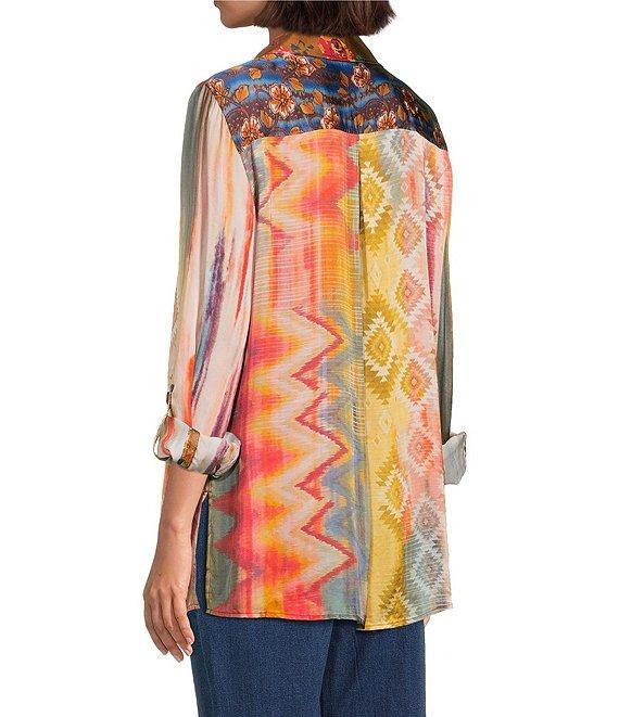 John Mark Petite Size Mixed Multi Print Point Collar Long Roll-Tab Sleeves Button Front Tunic Product Image