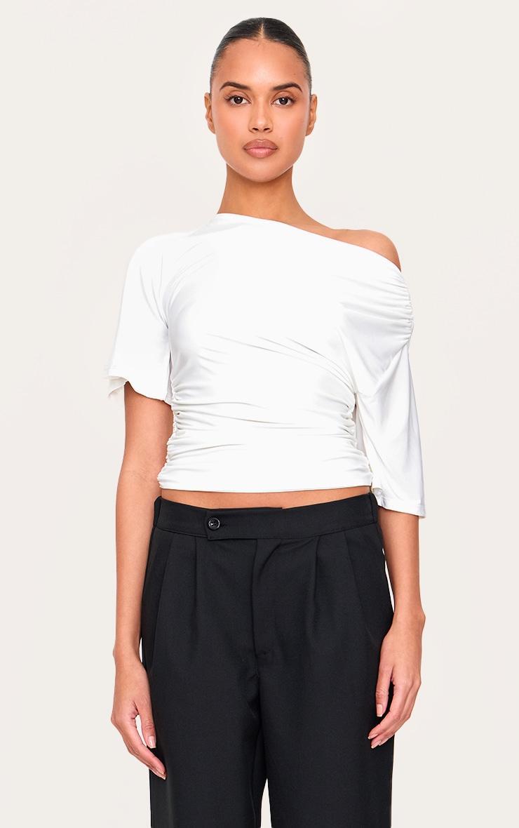 Cream Slinky Slouchy Asymmetric Long Top Product Image