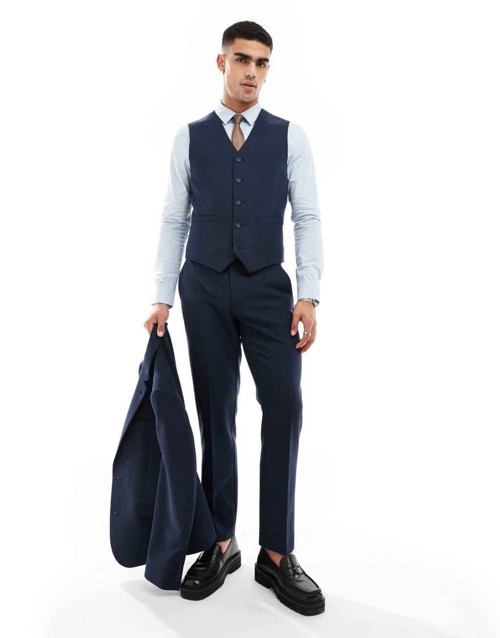 ASOS DESIGN slim wool blend suit vest in navy basketweave Product Image