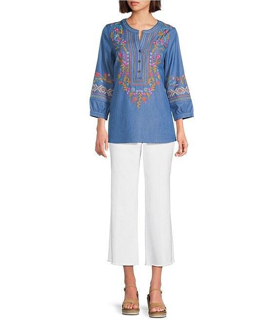 Calessa Embroidered Patchwork Split V-Neck 3/4 Sleeve Tunic Product Image