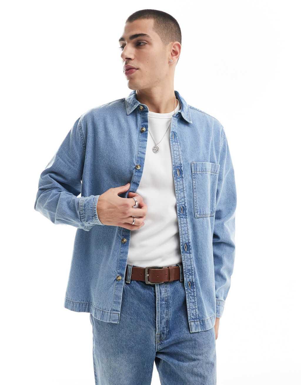 ASOS DESIGN denim overshirt with contrast top stitching in blue Product Image