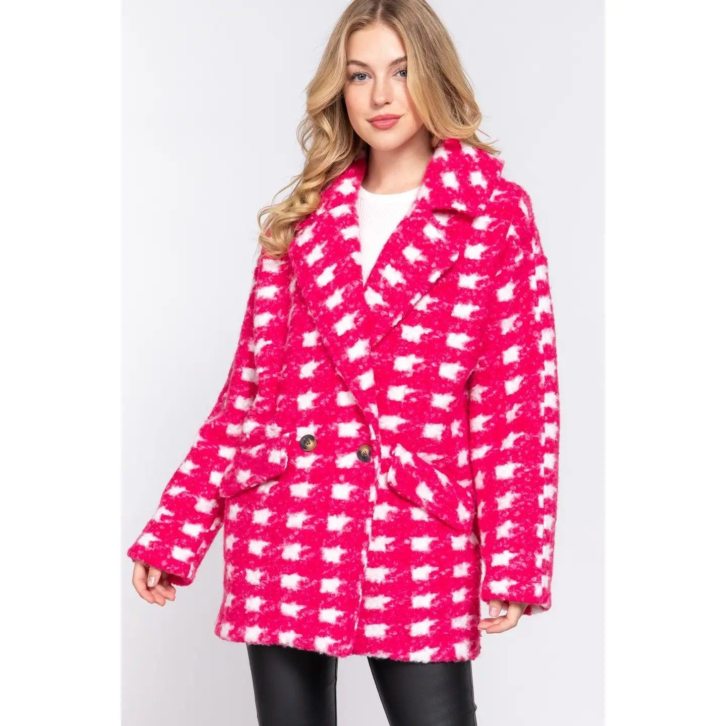 Women's Long Sleeve Double Breasted Fuschia Pink Check Print Boucle Fleece Coat Female Product Image