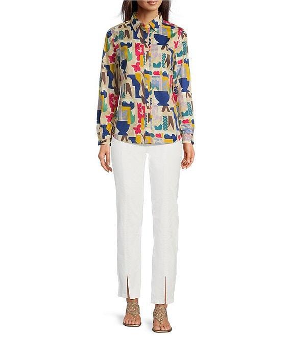 J.McLaughlin Lois Printed Cotton Relaxed Fit Point Collar Long Sleeve Blouse Product Image