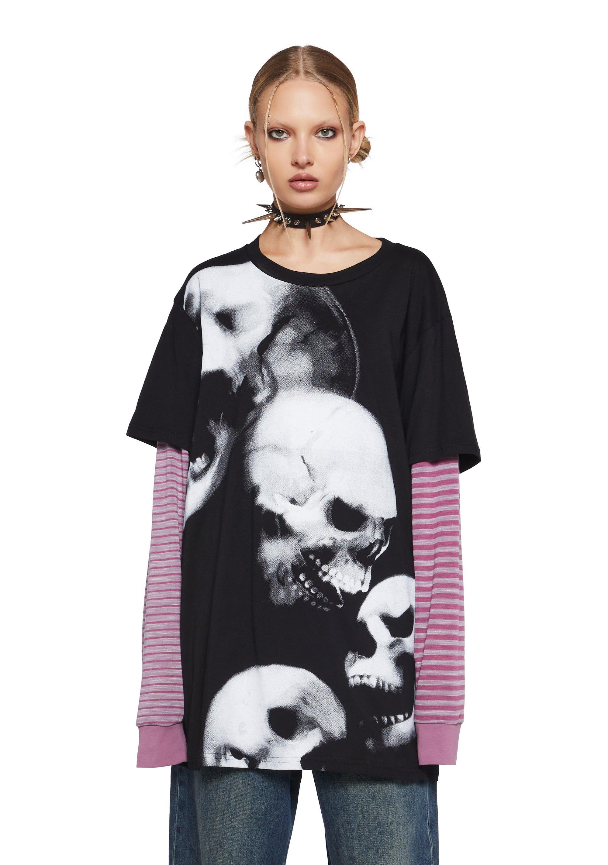 Stretchy Knit Skull Graphic Print Striped Long Sleeve Top Current Mood - Multi Product Image