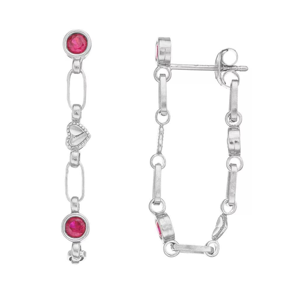 Kristen Kesho Sterling Silver Lab-Created Ruby Front-to-Back Heart Link Chain Hoop Earrings, Women's Product Image