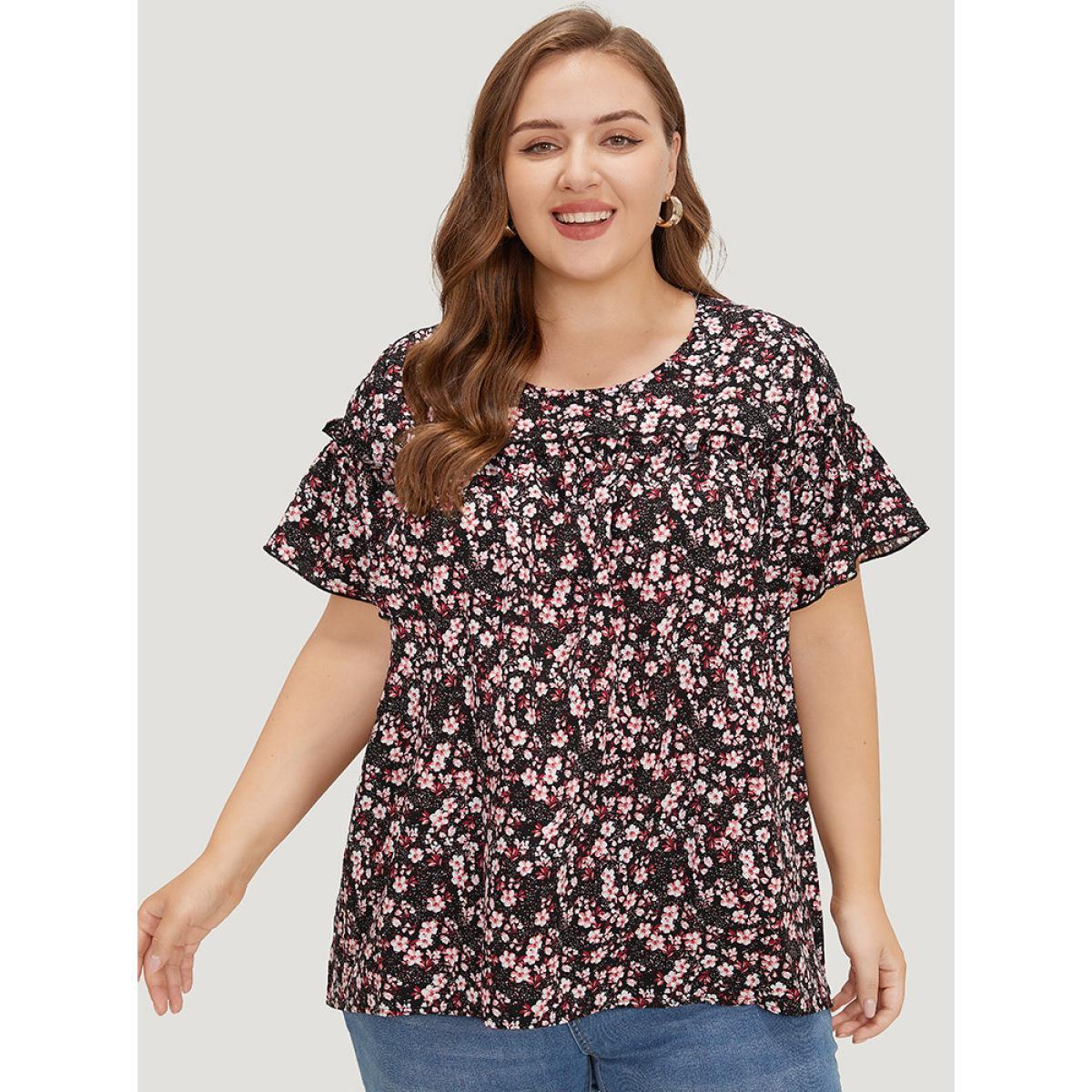 Plus Size BlackFlower Ditsy Floral Frill Trim Gathered Ruffle Sleeve Blouse Women Elegant Short sleeve Round Neck Dailywear Blouses BloomChic 14-16/1X Product Image