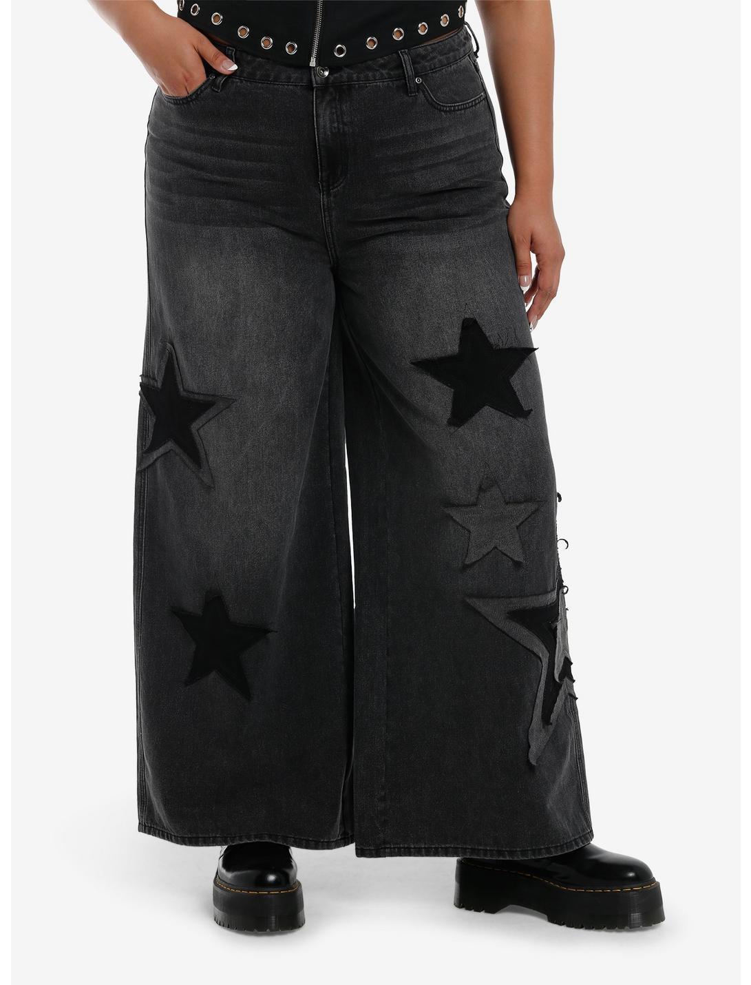 Black Wash Star Patch Wide Leg Jeans Plus Size Product Image