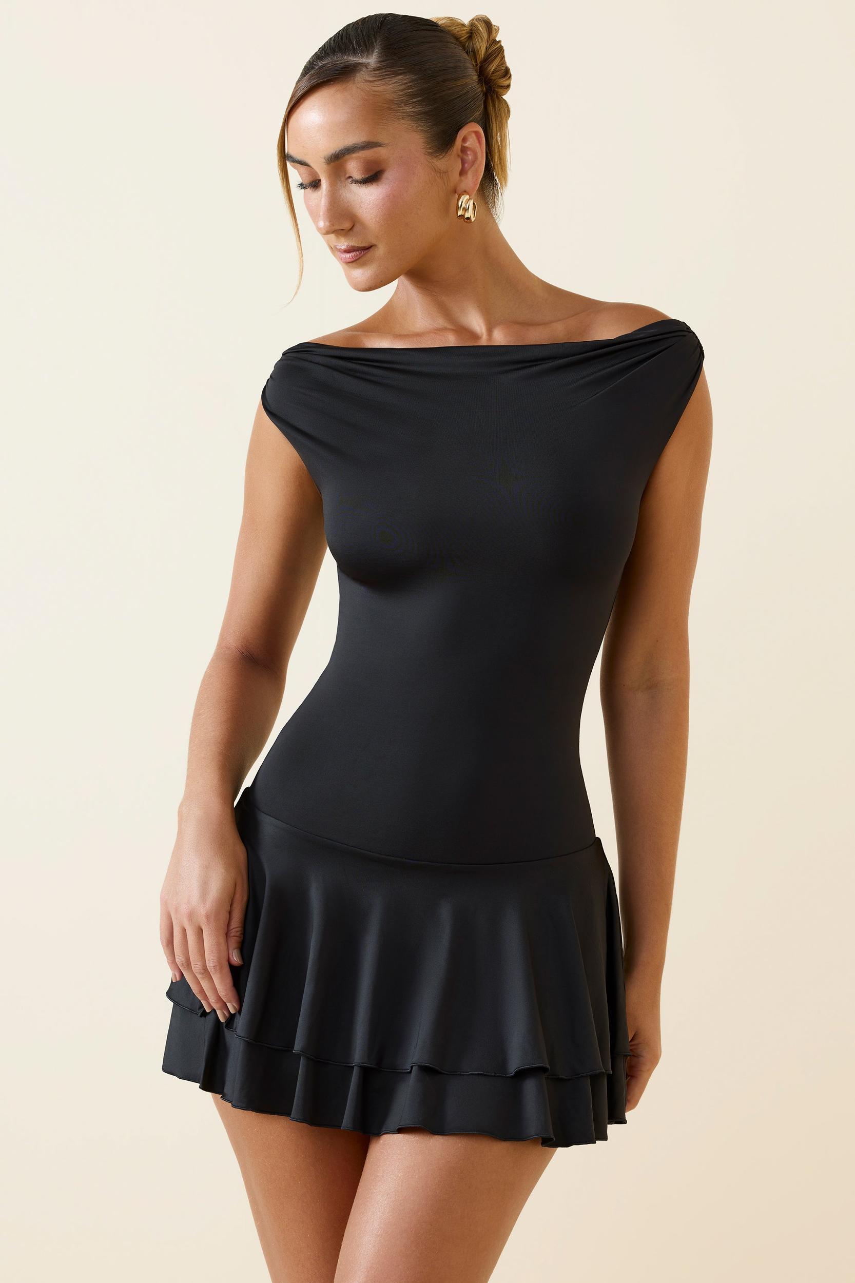 Off-Shoulder Ruffled Mini Dress in Black Product Image