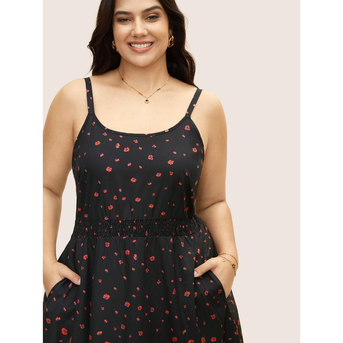 Plus Size Boho Print Elastic Waist Cami Midi Dress Black Women Elegant Non U-neck Sleeveless Curvy BloomChic 14-16/1X Product Image