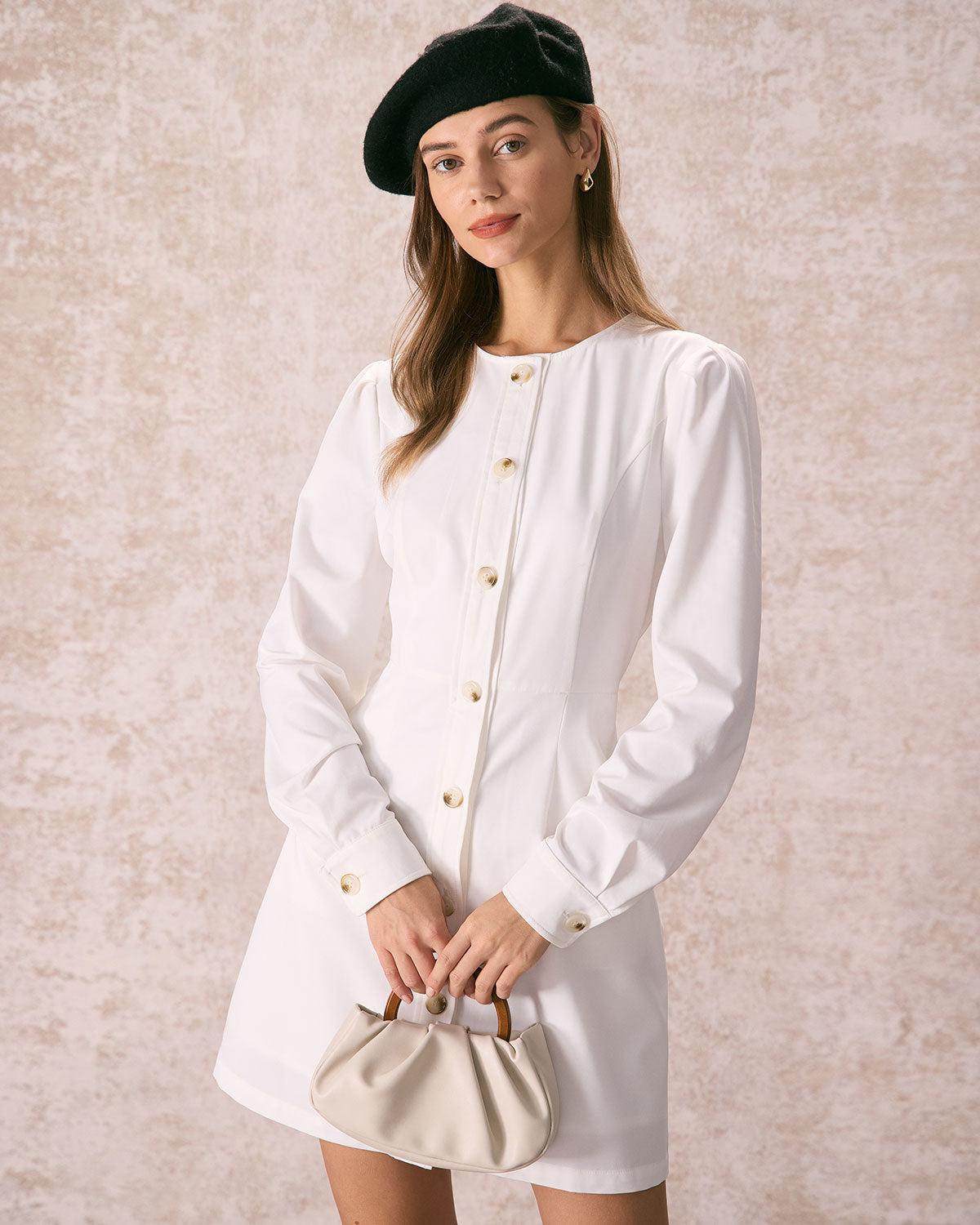 The White Round Neck Button Mini Dress Product Image