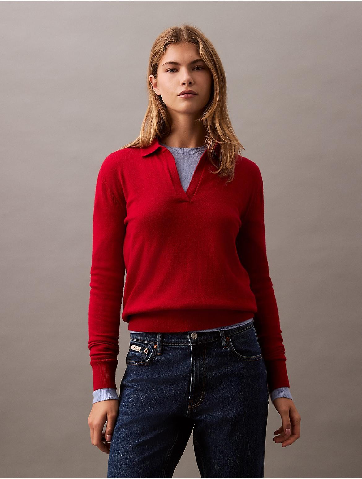 Calvin Klein Womens Extra Fine Merino Blend Polo Sweater - Red Product Image