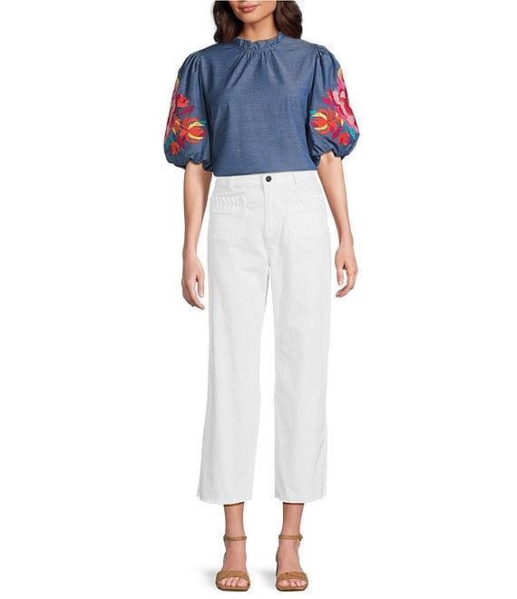 Calessa Petite Size Embroidered Elbow Sleeve Ruffle Mock Neck Tunic Product Image