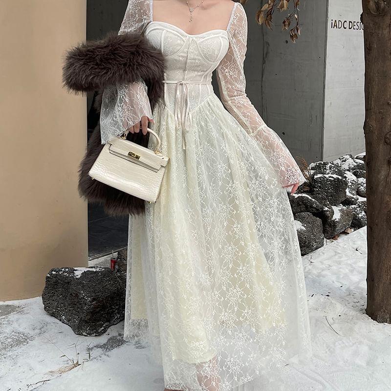 Long-Sleeve Lace Midi A-Line Corset Dress Product Image