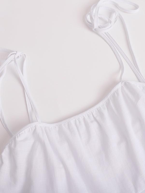 A-Line High Waisted Backless Layered Pleated Solid Color Spaghetti-Neck Mini Dresses Product Image