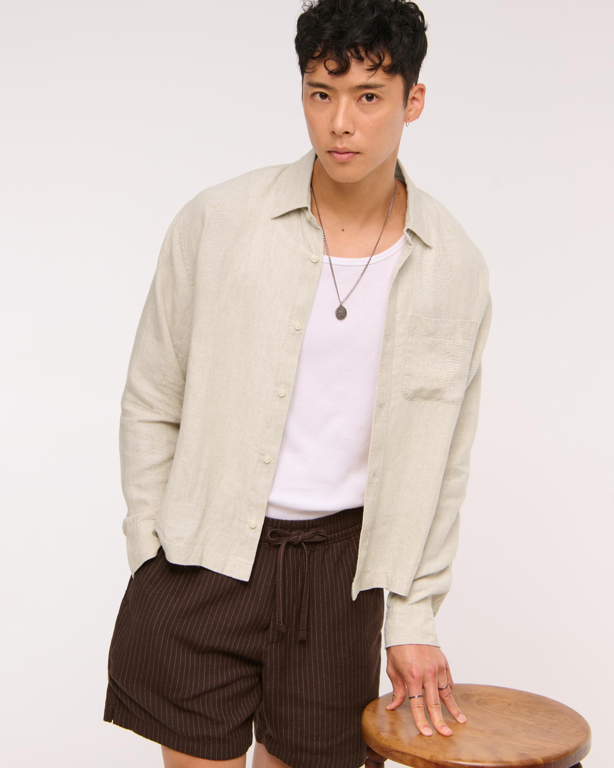 Cropped Linen Button-Up Shirt Product Image