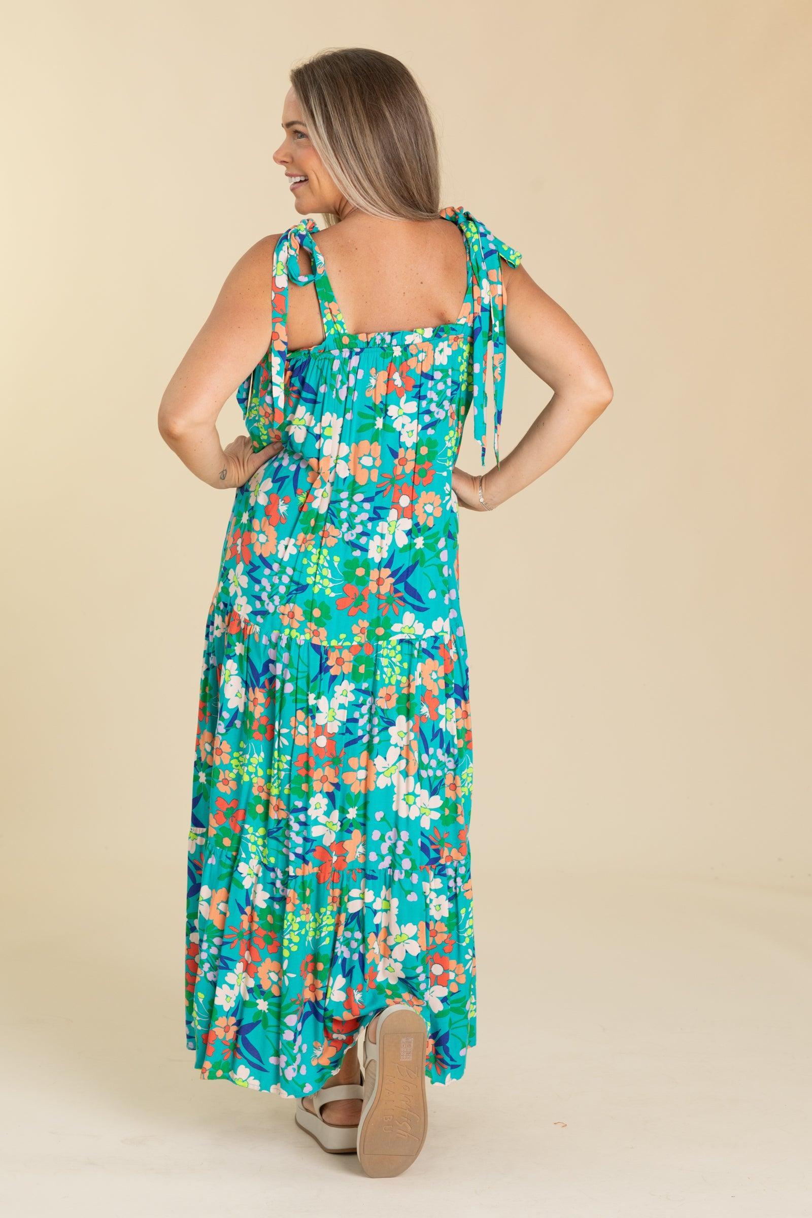 Teal Multicolor Floral Print Maxi Dress Product Image