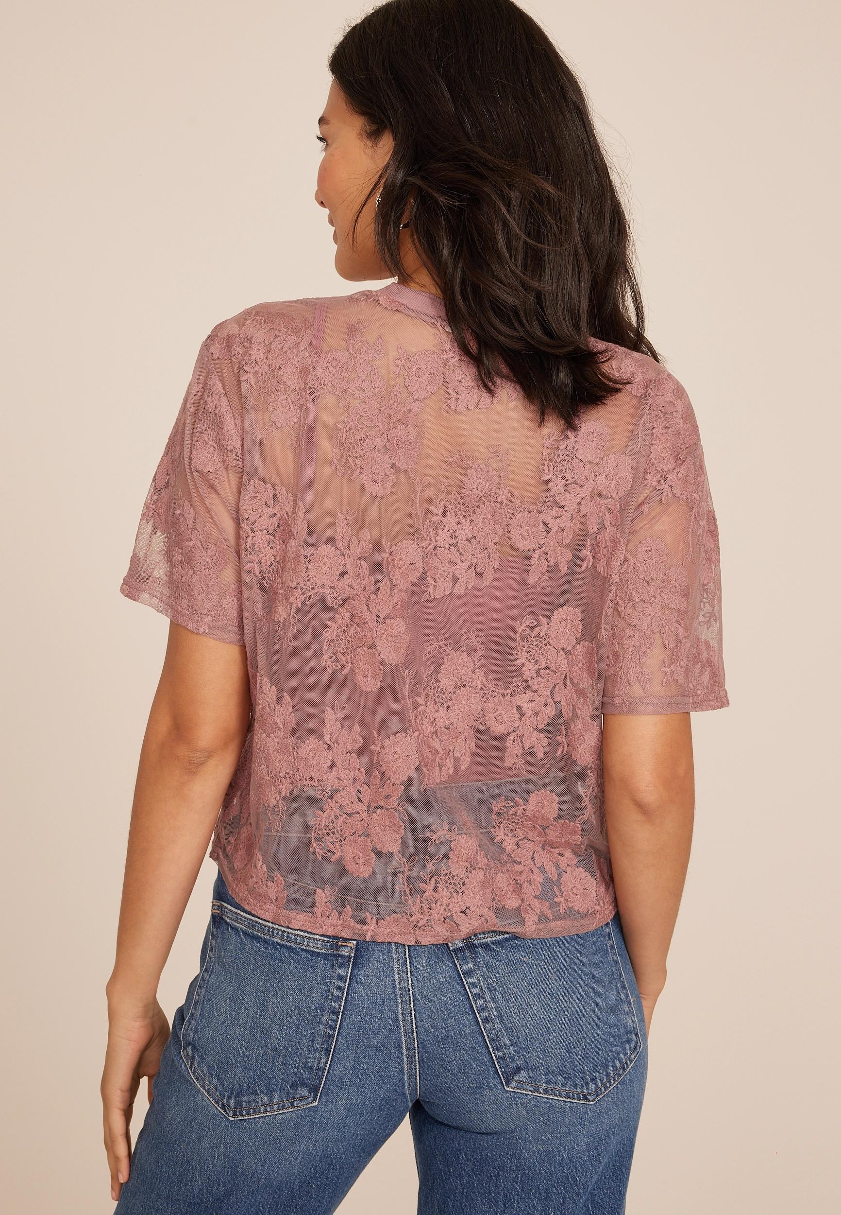 Maurices Womens Large Size Floral Embroidered Mesh Blouse Product Image