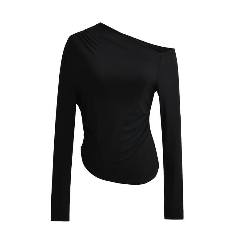 Long Sleeve One Shoulder Ruched Crop Tee Product Image