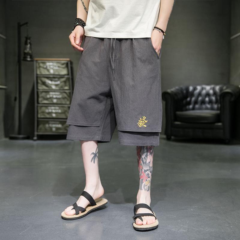 Drawstring Waist Embroidered Panel Shorts Product Image