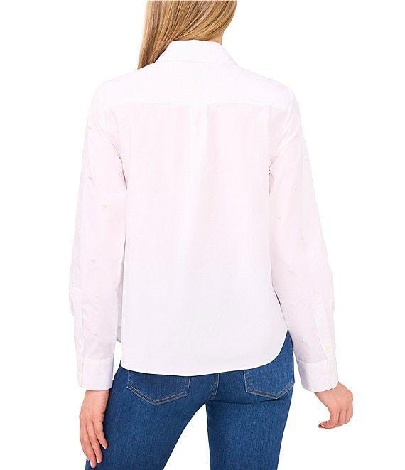 CeCe Poplin Point Collar Long Sleeve Pearl Button Down Top Product Image