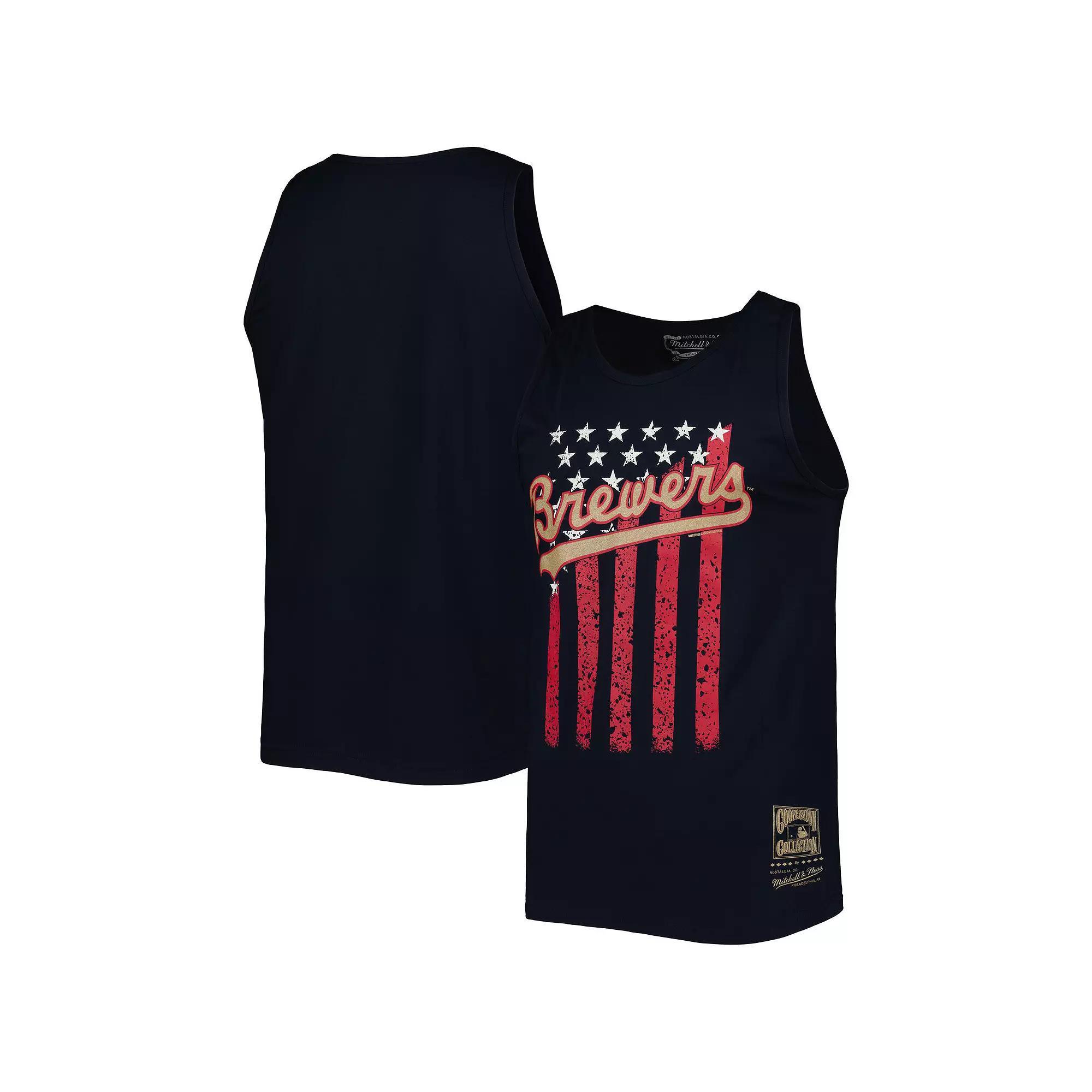 Men's Mitchell & Ness Navy Milwaukee Brewers Cooperstown Collection Stars and Stripes Tank Top,  Product Image