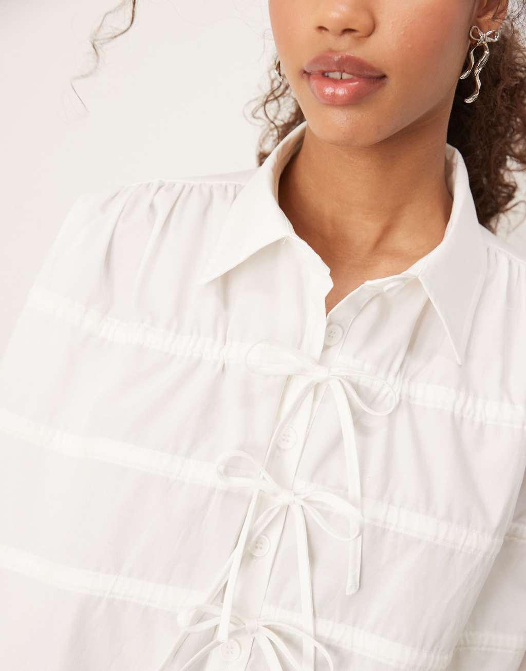 Ghospell drawstring bow detail blouse in pearl ivory Product Image