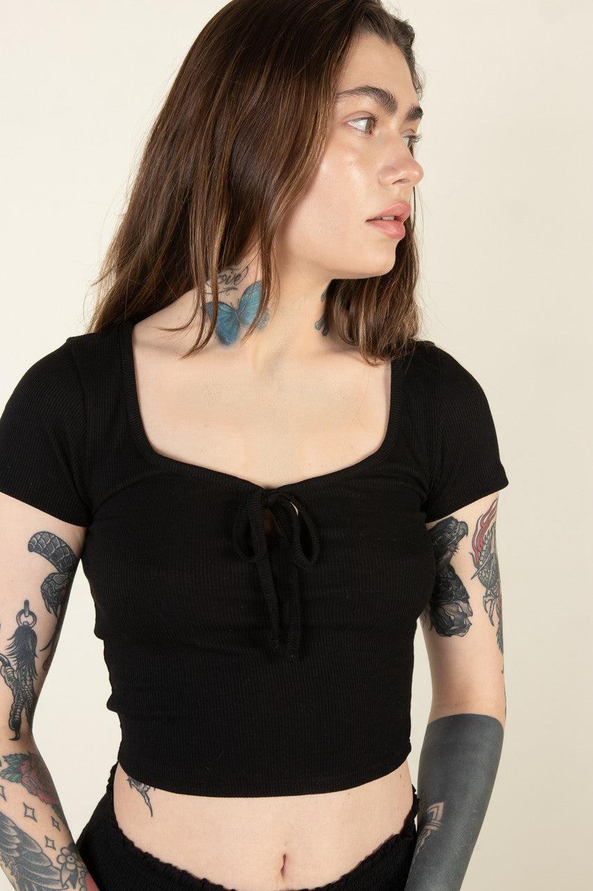 Black Tie Front Ribbed Tee Product Image