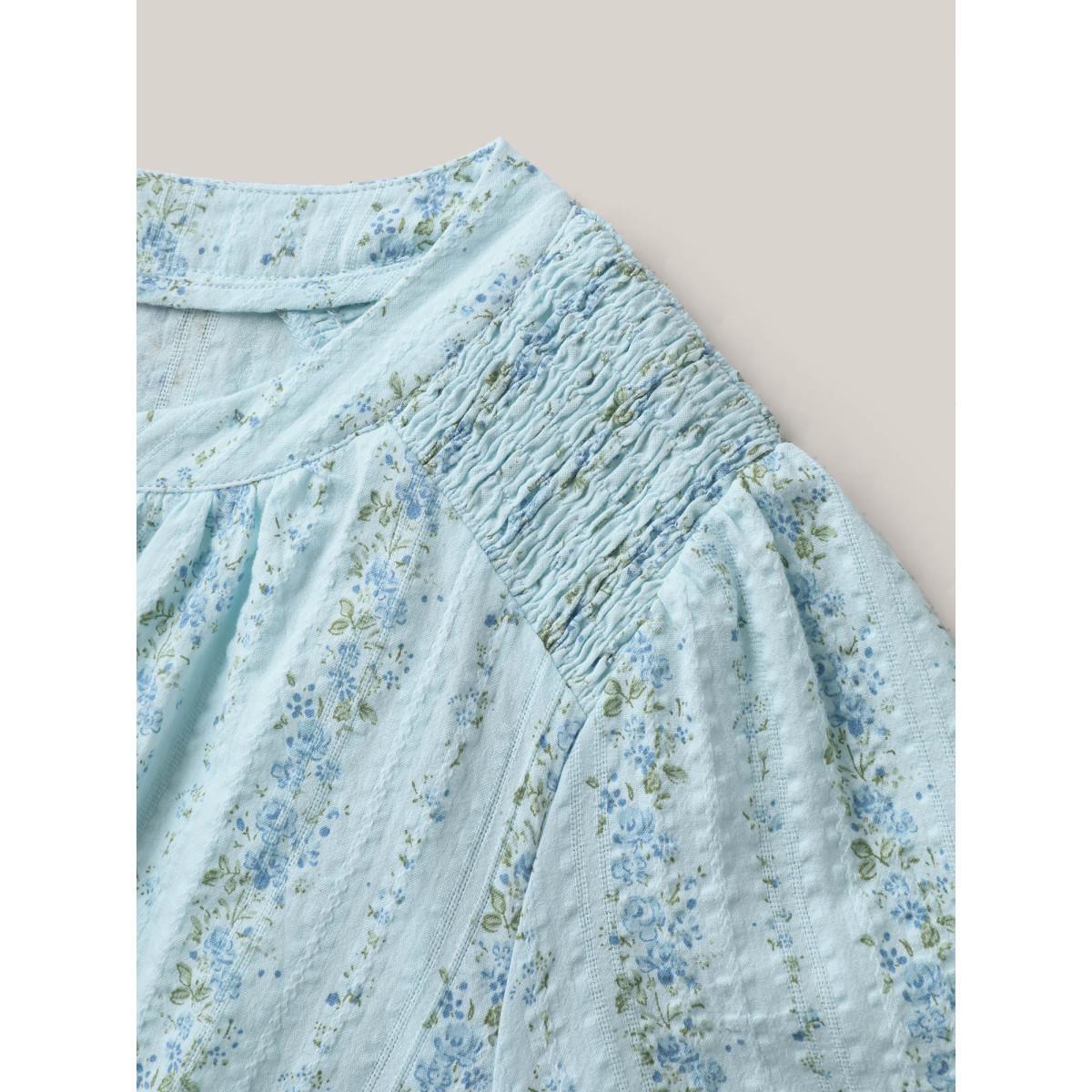 Plus Size LightBlue Cotton Floral Print Notched Collar Blouse Women Timeless Short sleeve Flat collar Elegant Blouses BloomChic 22-24/3X Product Image