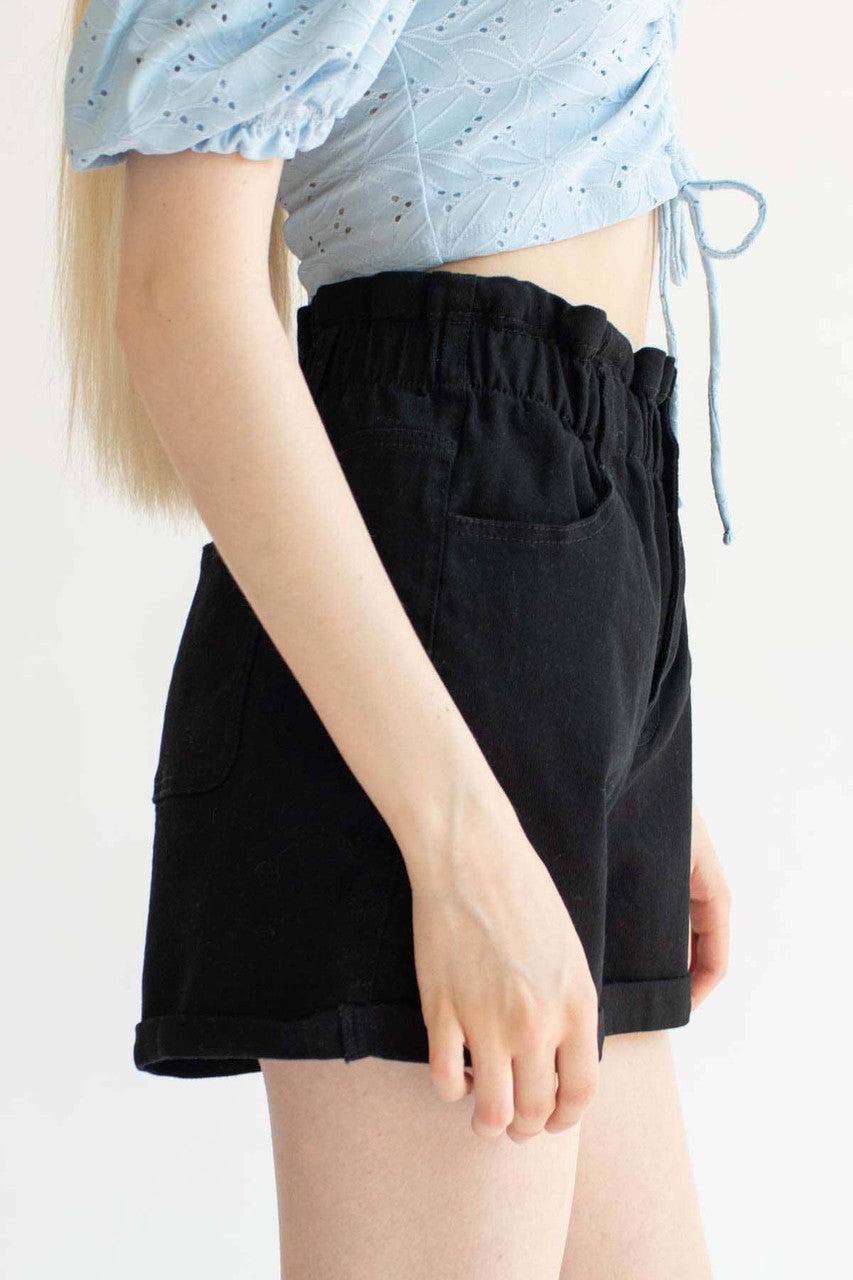 Black Cuffed Paper Bag Waist Denim Shorts Product Image