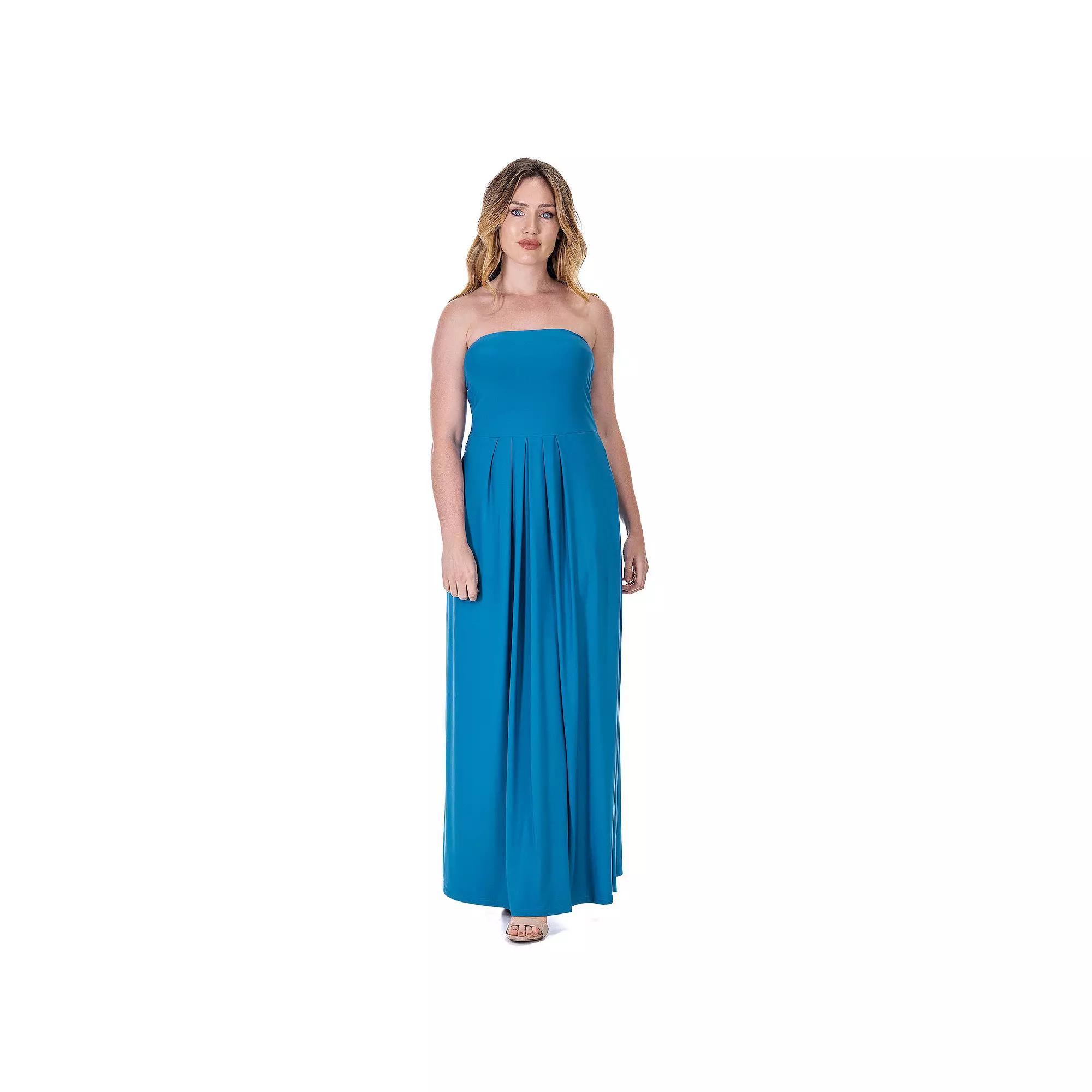 Women's 24Seven Comfort Apparel Pleated A Line Strapless Maxi Dress With Pockets,  Product Image
