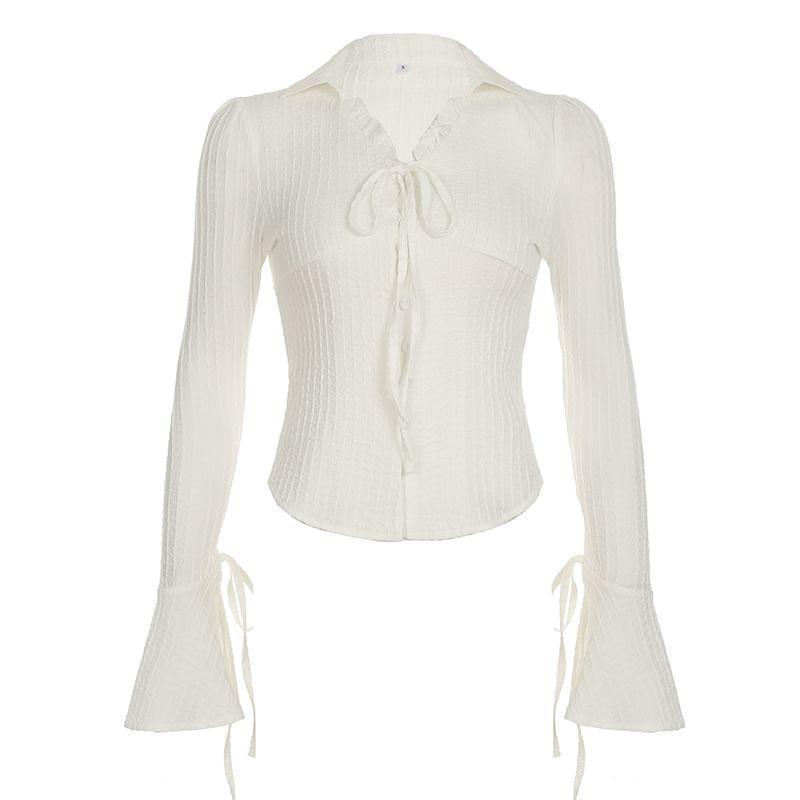 Long Sleeve V-Neck Plain Ruffle Trim Button Up Blouse Product Image