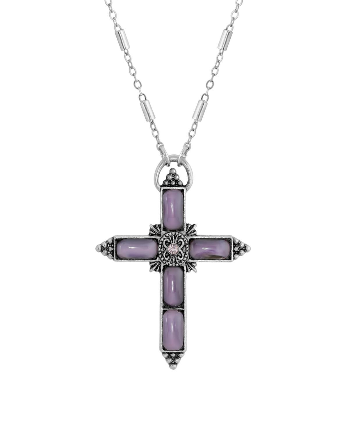 1928 Silver Tone Purple Moonstone Cross Necklace, Womens Product Image