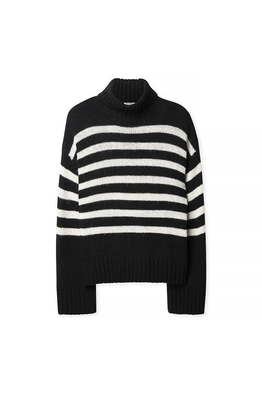 Turtle Neck Knitted Striped Sweater Black Product Image
