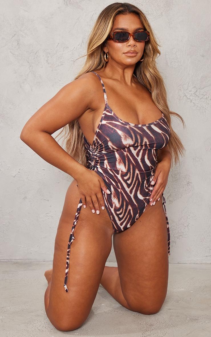 Shape Brown Zebra Print Ruched Side High Rise Swimsuit Product Image