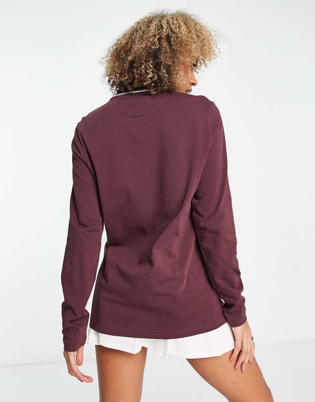 Farah Colorado tipped cotton boyfriend fit long sleeve top in dark red Product Image